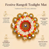 Tea light candle holder rangoli mat with gold pompons white flowers orange accents for Diwali pooja home decor