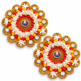 Vibrant orange white and yellow floral mandala rangoli mat tealight candle holder with mirrored accents for home decor