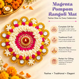 Magenta pom-pom rangoli mat tealight candle holder with white and pink floral patterns on gold-toned bases for decor
