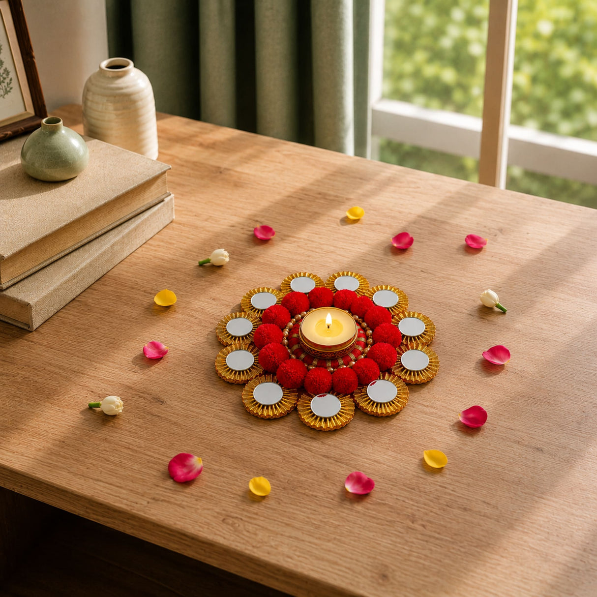 A vibrant red and gold tea light candle holder rangoli mat with mirrored discs and pom-poms for festive decor