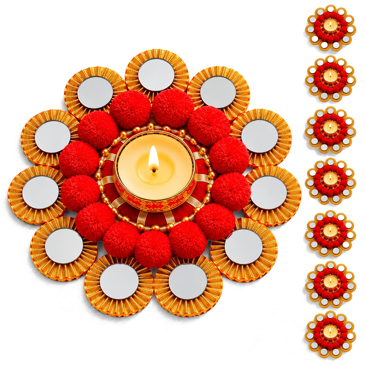 Red and gold rangoli mat tealight candle holder with mirrored petals and fluffy pom-poms for festive home decor