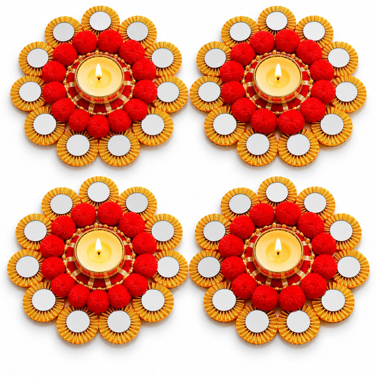 Red and gold decorative rangoli mat tealight candle holder with mirrored petals for diwali pooja and festive home decor