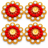 Red and gold decorative rangoli mat tealight candle holder with mirrored petals for diwali pooja and festive home decor