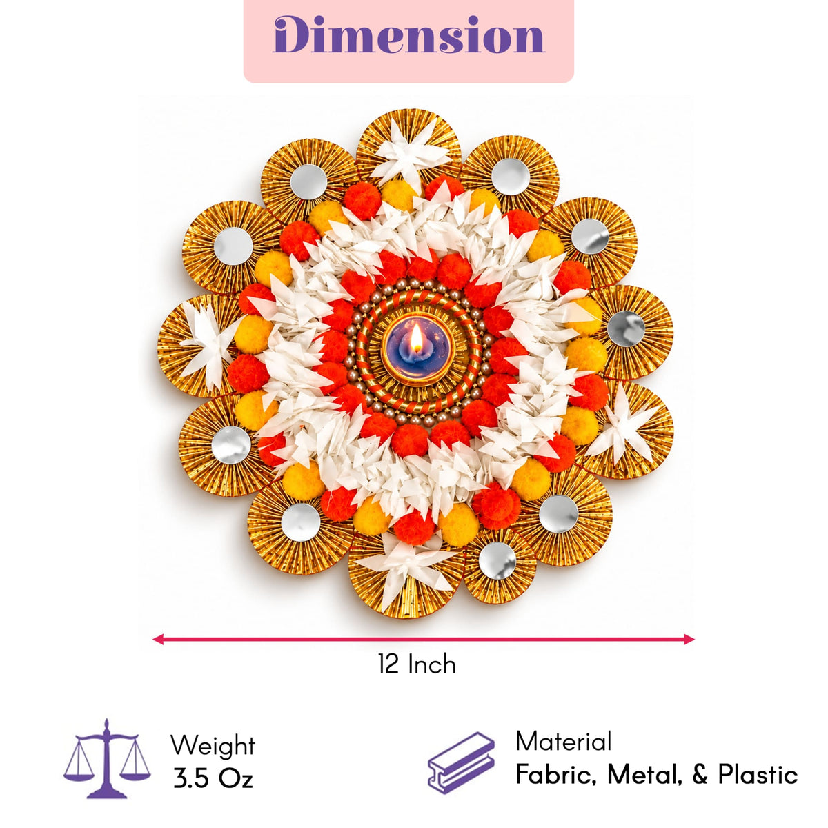 A 12-inch vibrant rangoli mat tealight candle holder with a central lit diya and fabric flowers for Diwali pooja