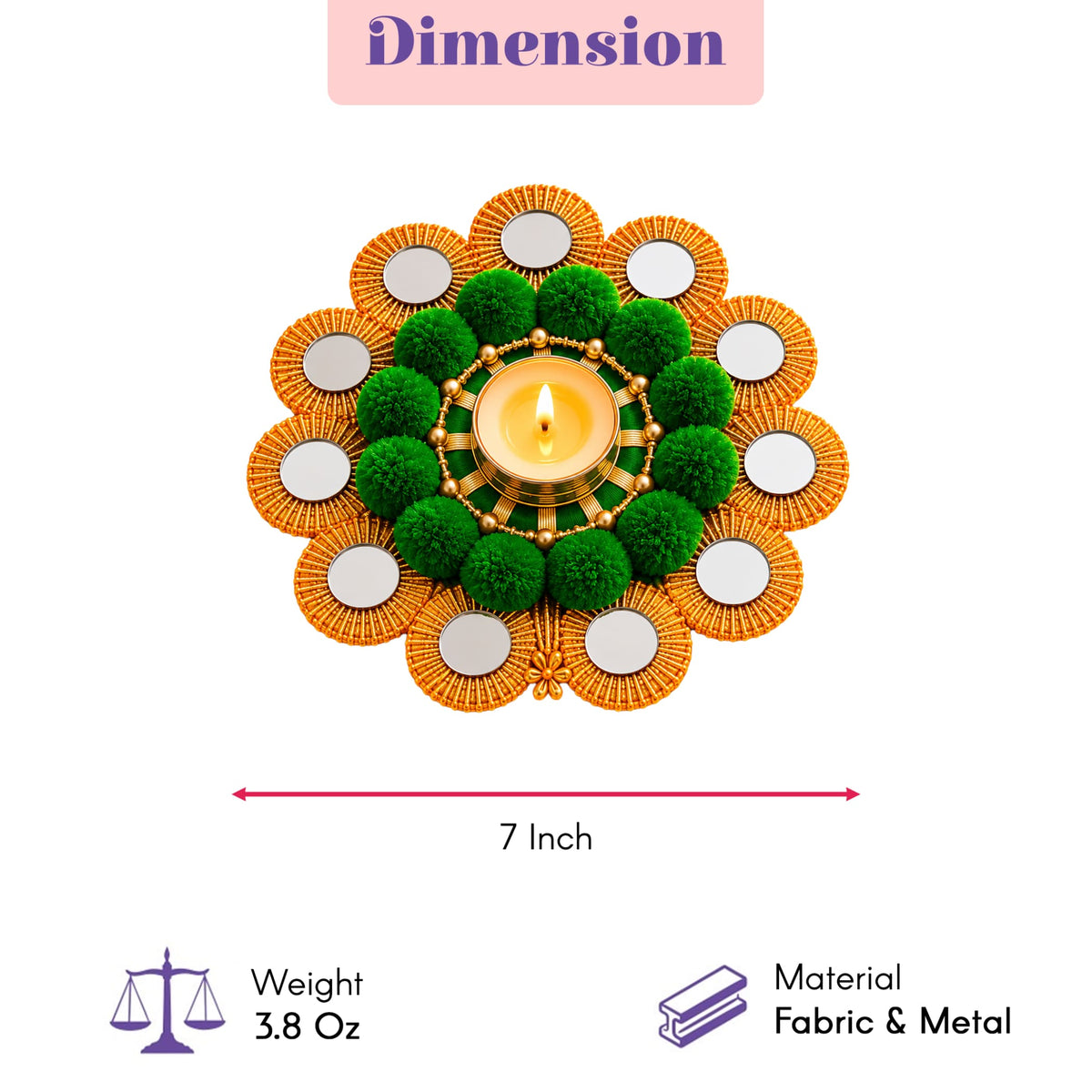 A 7 inch rangoli mat tealight candle holder with green pom-poms gold metal frame mirrored circles for festive decor