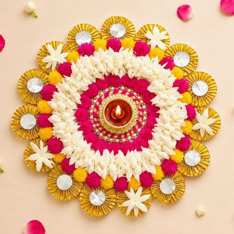 Tea light candle holder rangoli mat featuring vibrant pink white and yellow floral design with central lit diya in ornate gold stand for festive decor