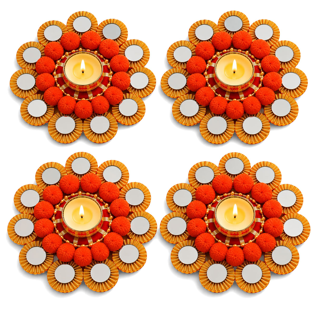 Rangoli mat tealight candle holder featuring gold-toned metallic flower design with orange pom-poms for festive decor