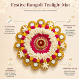 Tea light candle holder rangoli mat with tealight holder, white and pink fabric pompons, and gold metal details for festive decor