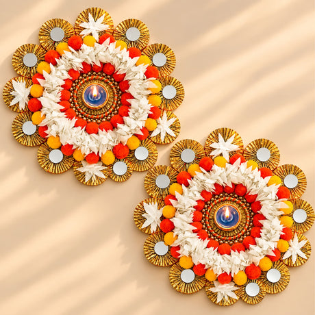 Vibrant orange white and yellow floral mandala rangoli mat tealight candle holder with mirrored gold accents for home decor