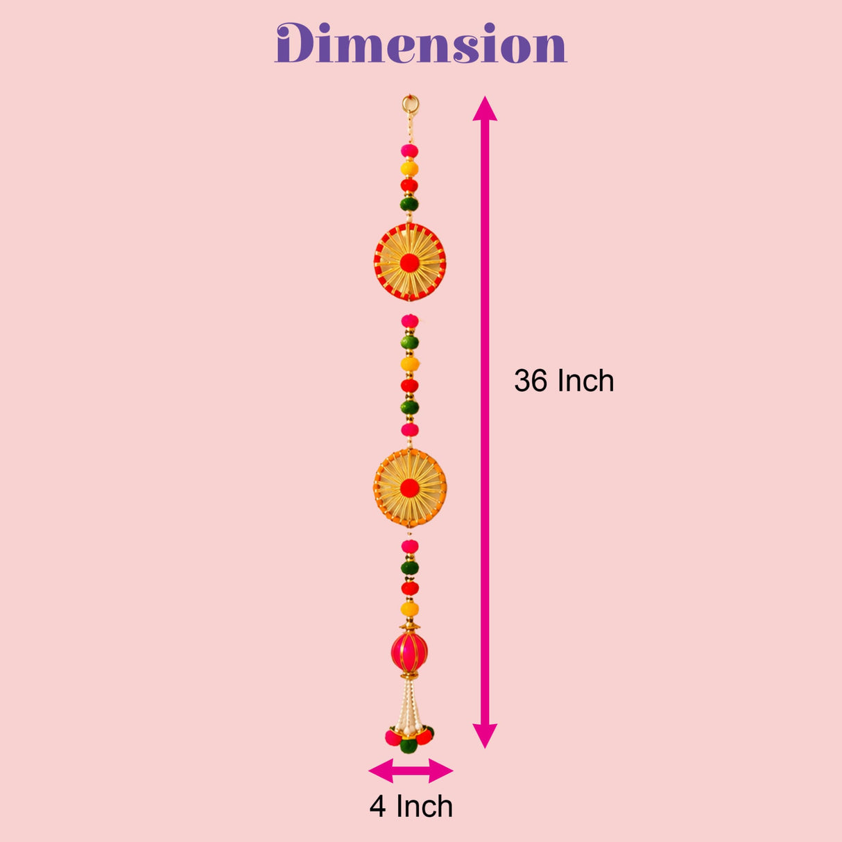 A 36-inch long handmade artificial diwali wall hanging with golden discs and colorful beads for wedding decor