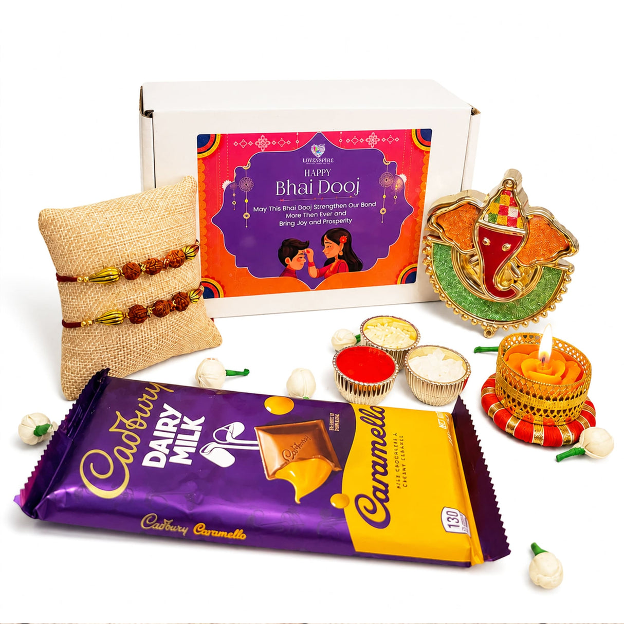 Purple and yellow cadbury dairy milk caramello chocolate bar in gold foil included in raksha bandhan gift hamper for brother and bhabhi