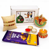 Purple and yellow Cadbury Dairy Milk Caramello chocolate bar with glossy wrapper in Raksha Bandhan gift hamper set