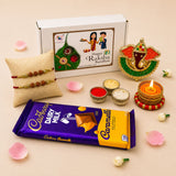 Purple and yellow cadbury dairy milk caramello chocolate bar with glossy wrapper in raksha bandhan gift hamper for brother and bhabhi