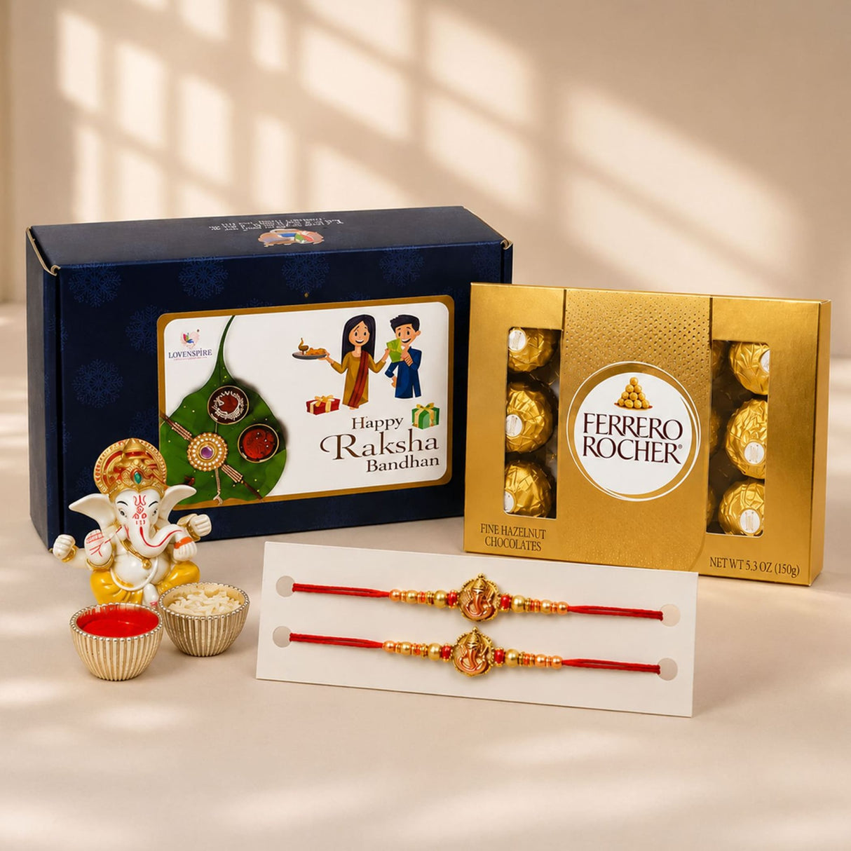 Golden ganesha figurine with intricate detailing and red tilak included in raksha bandhan gift hamper for brother and bhabhi