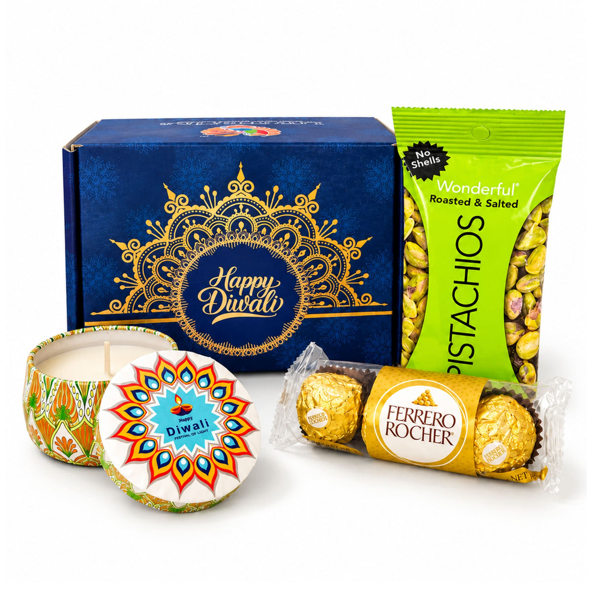 Blue premium diwali gift hamper box with gold ornate mandala design and happy diwali text for festive gifting