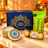 Blue premium Diwali gift hamper box with gold ornate mandala design and happy Diwali text for festive gifting