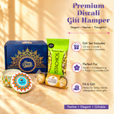 Blue premium diwali gift hamper box with gold ornate mandala design and happy diwali text for festive gifting