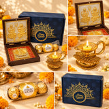 Golden ornate brass diya with intricate floral and lotus petal designs lit inside in diwali gift hamper box for festivals