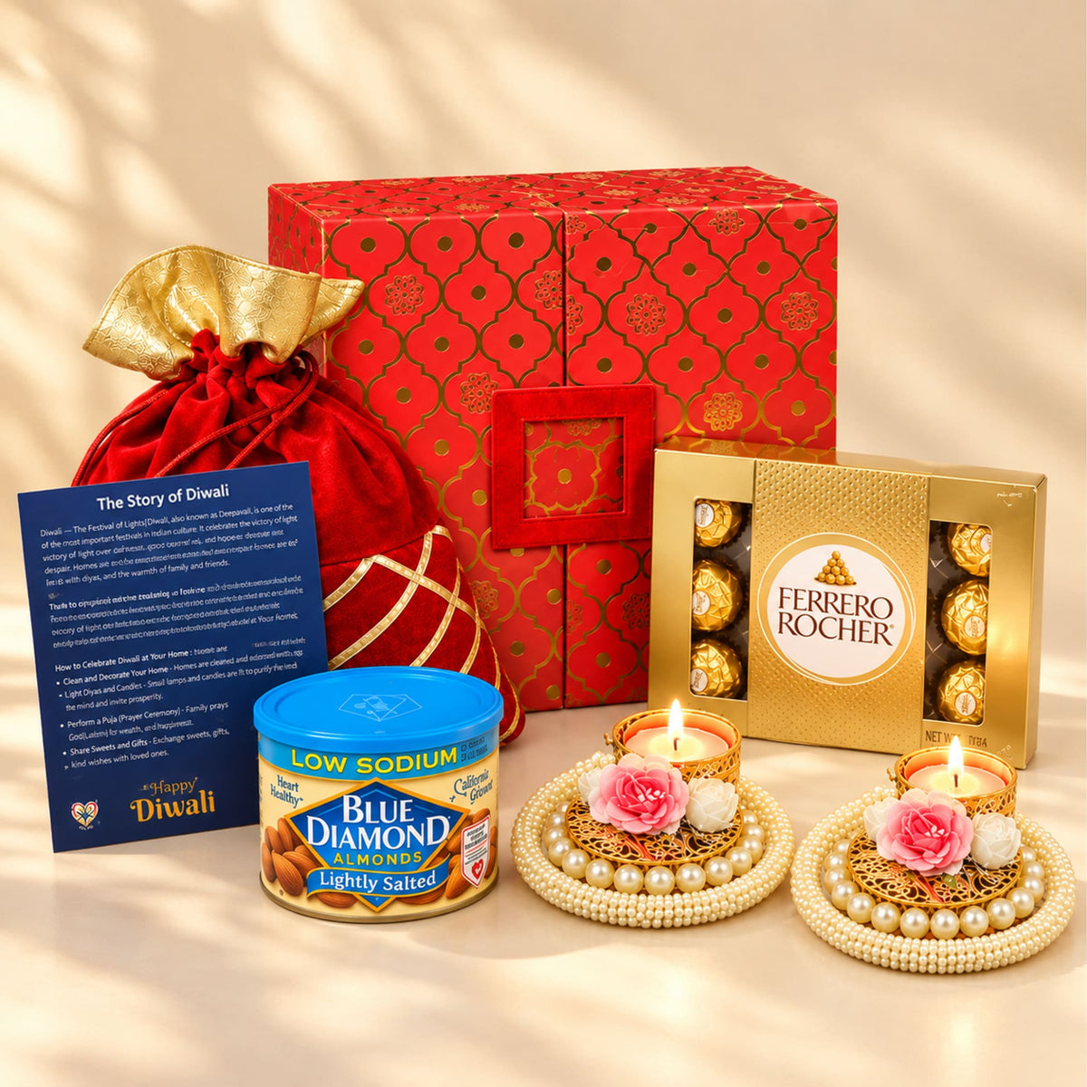 Diwali gift hamper featuring a red and gold patterned box with a golden drawstring potli bag for festival gifting