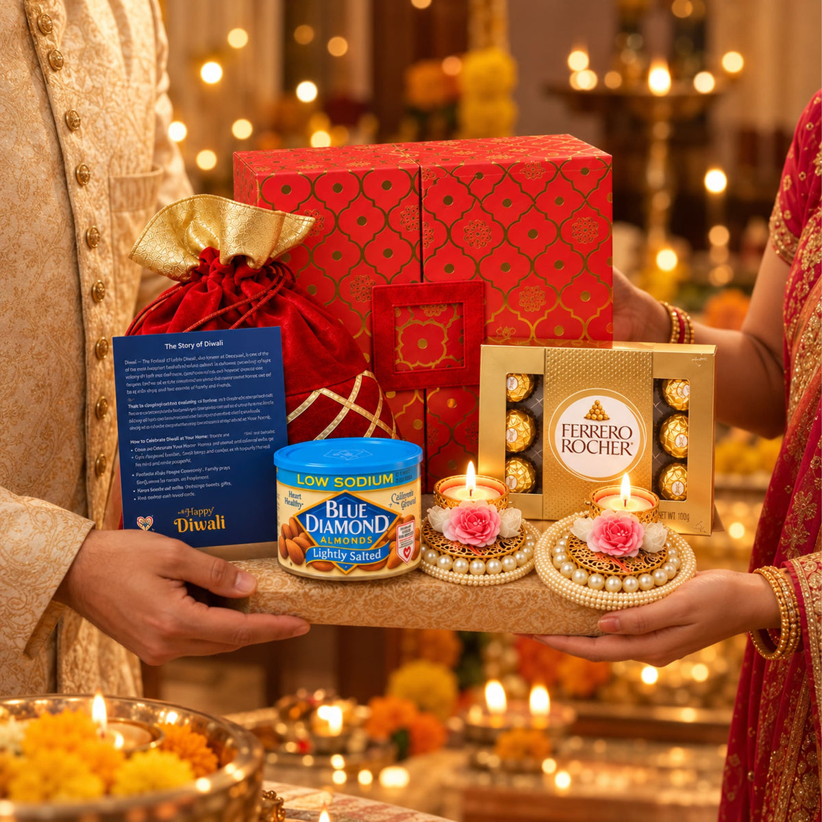 Red and gold patterned diwali gift hamper with golden potli bag for indian festival return gifts and corporate giveaways