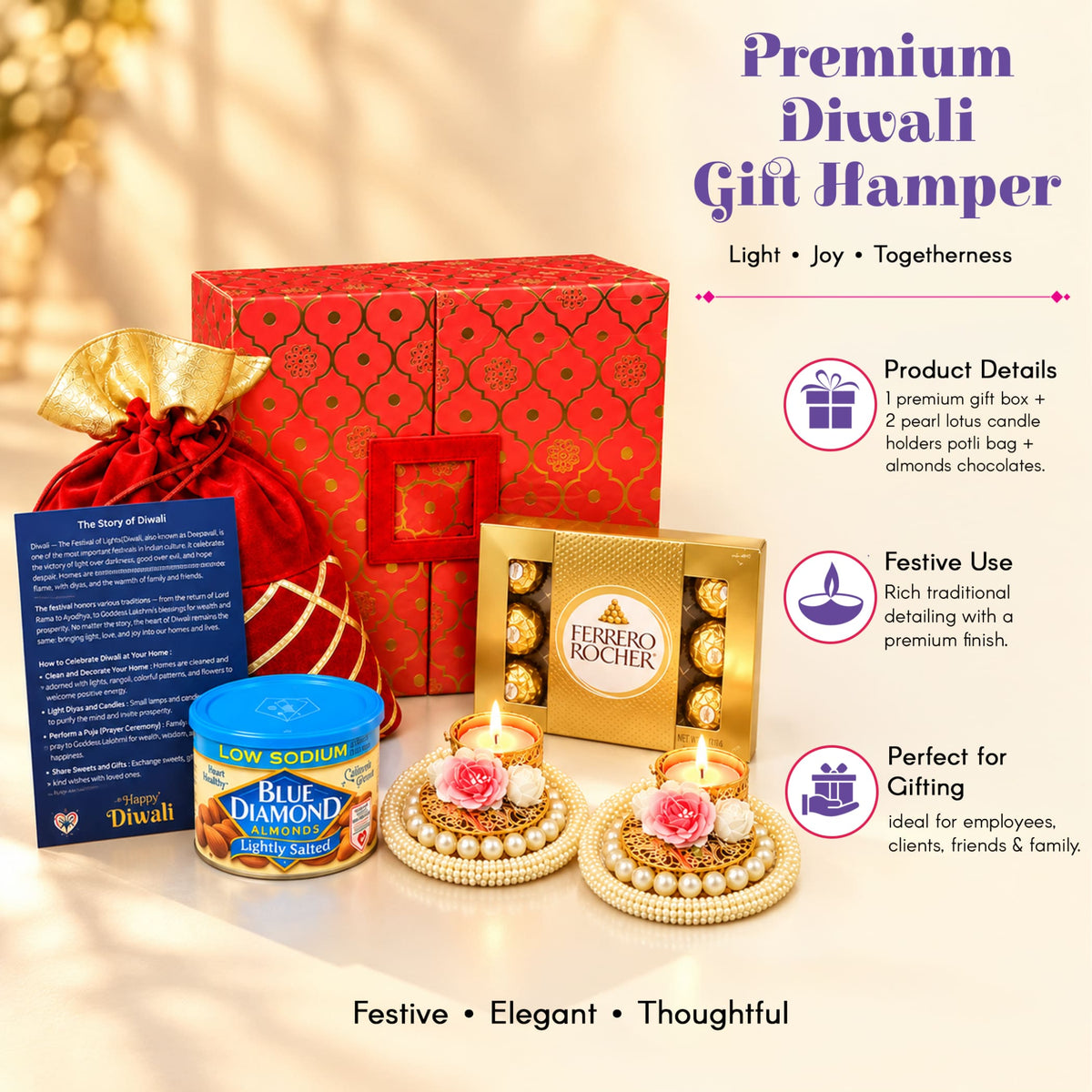 Red and gold patterned premium diwali gift box with golden potli bag thanksgiving hamper for friends and corporate gifts