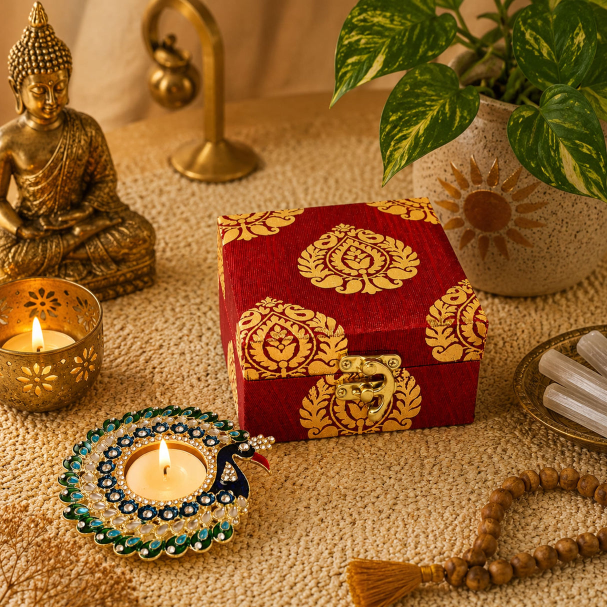 Red fabric deepawali gift box with gold embroidered paisley patterns and ornate clasp for festival hampers