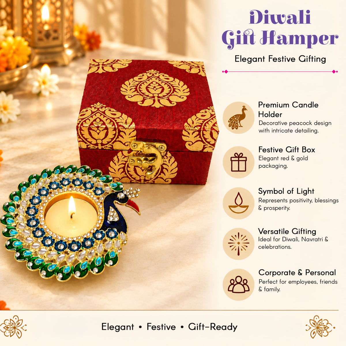 Elegant red and gold Diwali gift hamper box with intricate peacock design perfect for festival and corporate gifting