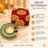 Elegant red and gold Diwali gift hamper box with intricate peacock design perfect for festival and corporate gifting