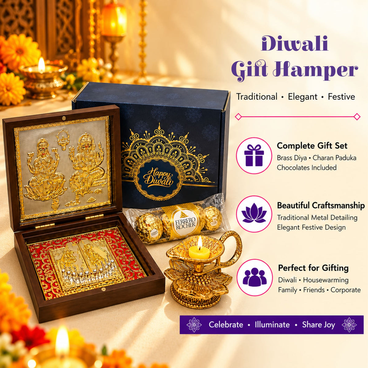 Golden brass diwali diya with intricate floral detailing and lit candle in diwali gift hamper box for festival gifting