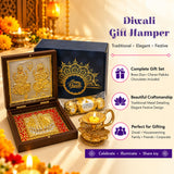 Golden brass diwali diya with intricate floral detailing and lit candle in diwali gift hamper box for festival gifting