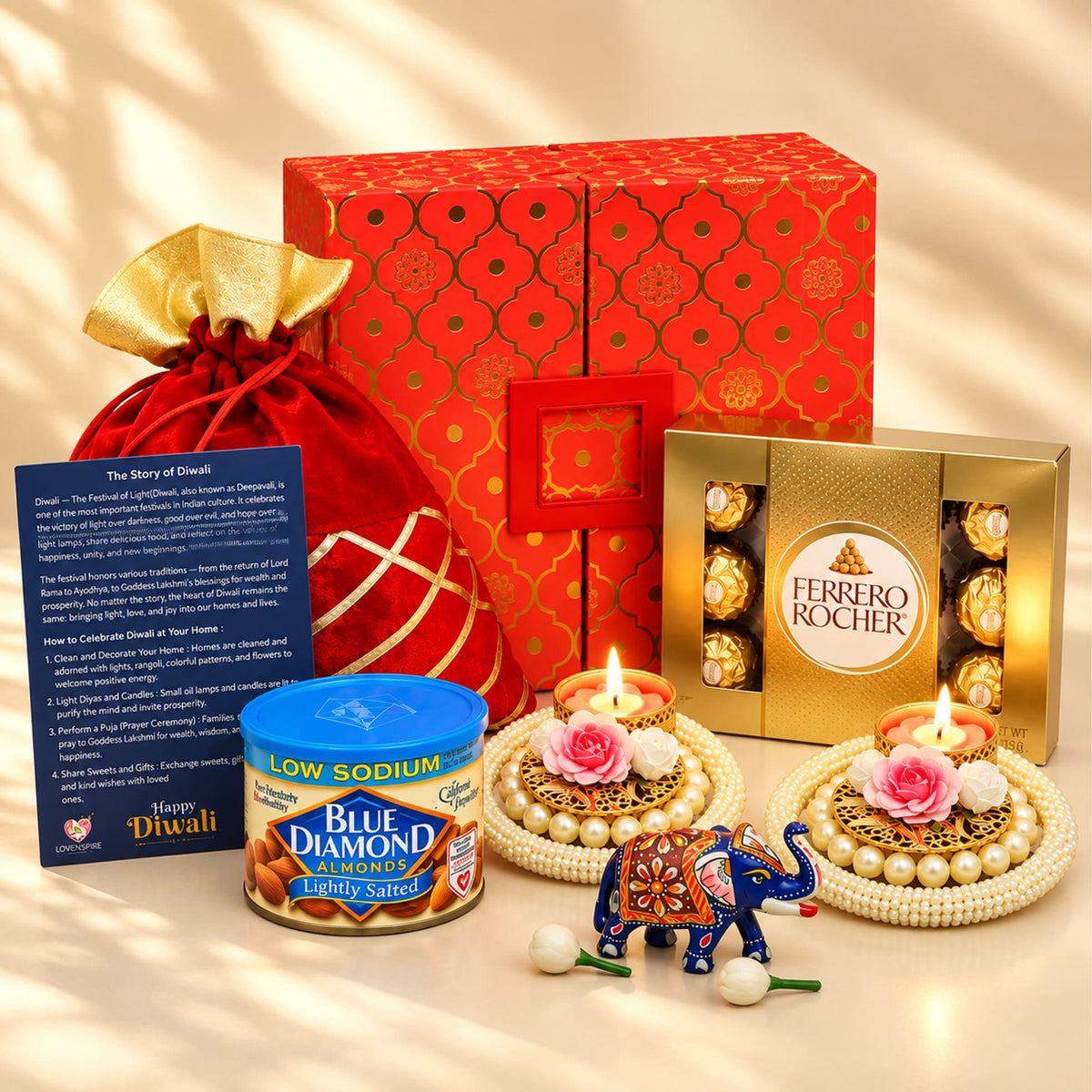 Red velvet drawstring potli bag with gold trim and golden bow for Diwali gift hamper and festival return gifts