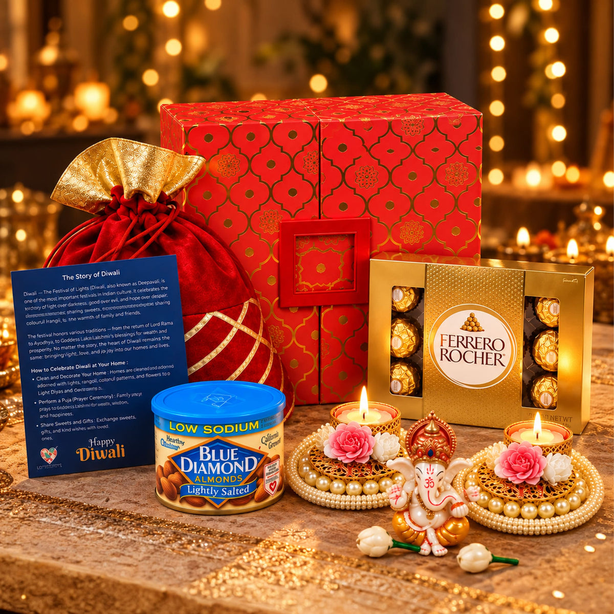 Red and gold patterned Diwali gift hamper box with decorative golden bow for premium Indian festival gifts
