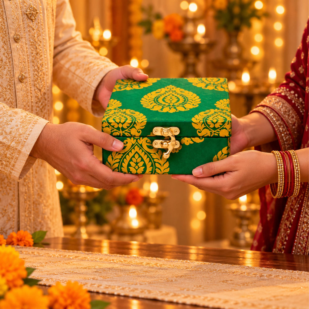 Green and gold patterned fabric Diwali gift hamper box with metallic clasp for festive return gifting occasions
