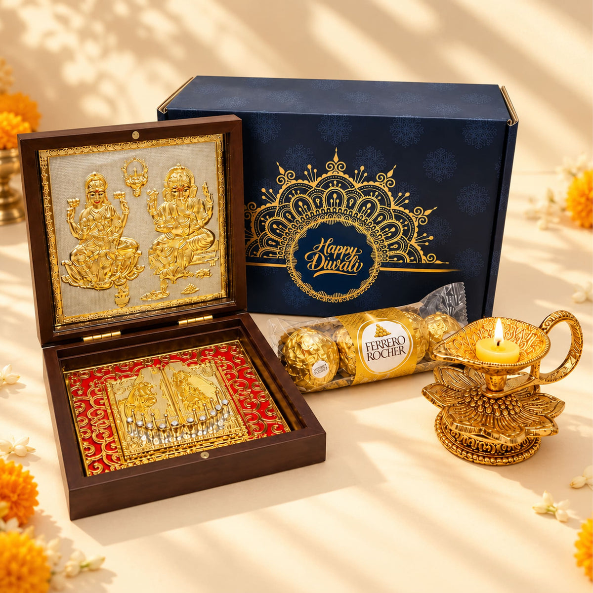 Golden lotus-shaped brass diya with intricate detailing and lit candle in diwali gift hamper box for festival gifting