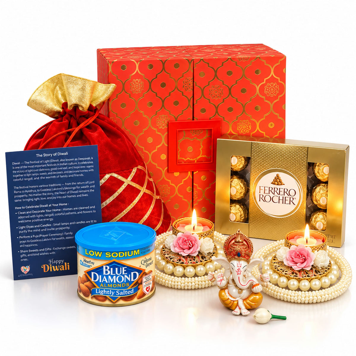Red velvet drawstring potli bag with gold trim and golden lid for Diwali gift hamper Indian festival hamper