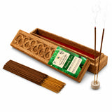 Heavenly reeds premium scented organic incense sticks in carved wooden box with red interior and lit wood stand holder