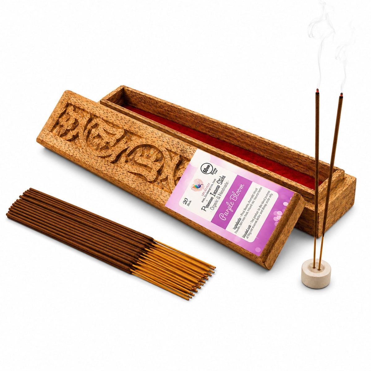 Premium scented purple bloom incense sticks in a carved wooden box with red interior and ceramic stand with smoke