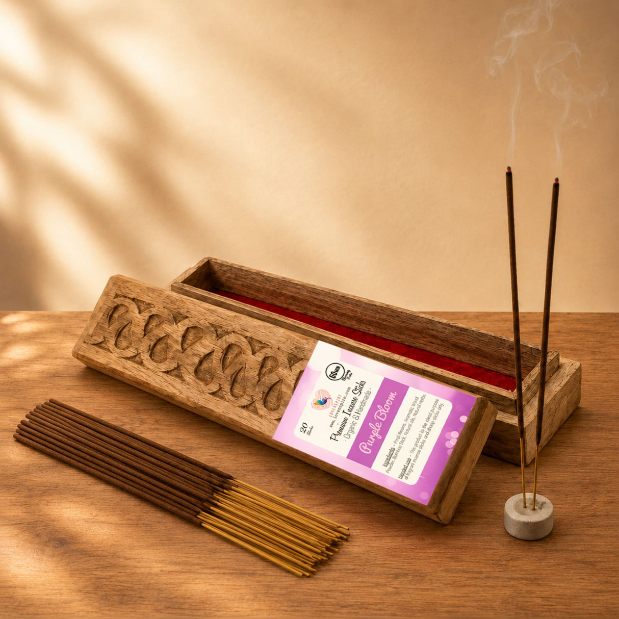 Premium scented purple bloom incense sticks in a hand-carved wooden box with red interior for pooja use