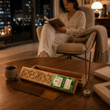 Carved wooden incense holder with intricate floral patterns and green peaceful harmony label for spiritual use