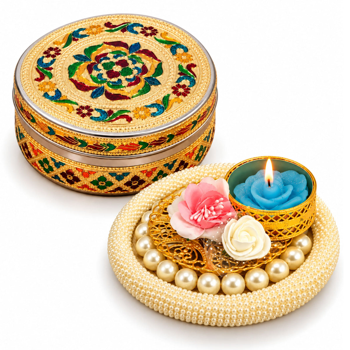 A round meenakari stainless steel sweet box with ornate gold green blue and red enamel floral patterns for festive gifting