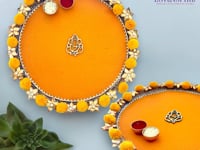 Steel Pompom Ganesha Decorated Pooja Thali Handmade Aarti Rituals Platter Festival Haldi Kumkum Thali Puja Teej Diwali Wedding Engagement Plate Decorations - Housewarming Gift