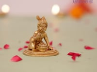 Brass Krishna Laddoo Gopal Kanha Bal Gopal Thakur Ji Makhan Chor Statue Idol Murti Sculpture Figurine for Home Temple Decor - Decorative Showpiece Janmashtami Housewarming Gift (3.5 Inches)