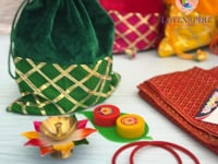 Varalakshmi Vratham Gift Hamper Navaratri Vratha Hindu Religious Teej Karva Chauth Pooja Housewarming Return Gifts - Velvet Potli Bags Haldi Kumkum Holder Blouse Piece Diya Bindi Bangles