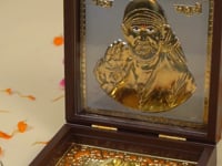 Gold Plated Sai Baba Photo Frame with Charan Paduka for Diwali Housewarming Indian Wedding Return Gift Worship Pooja Room Decor Hindu Religious Devotional Paduka Prayer Box Good Luck Gift