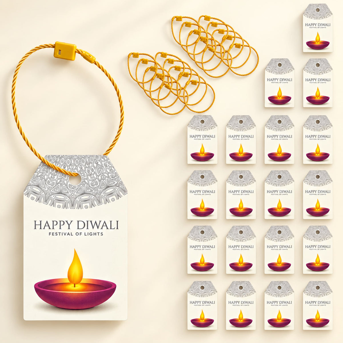 Happy diwali gift tags featuring vibrant purple diya with orange flame on white paper with silver lace for gifts and party favors