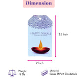 Set of 10 light blue glossy cardstock happy diwali gift tags with purple pattern and red lit diya candle illustration