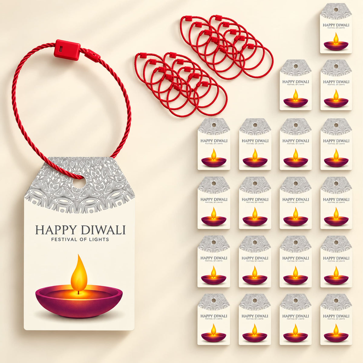 A festive red cord with a matching plastic clasp for attaching happy diwali gift tags to presents and party favors