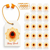 White paper diwali gift tag with gold mandala, orange diya illustration, red happy diwali text, and string for hanging