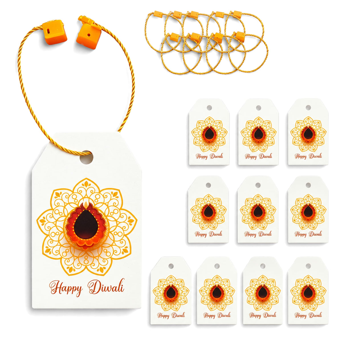 White paper happy diwali gift tag with gold ornate mandala and central orange-red diya motif for diwali gifts