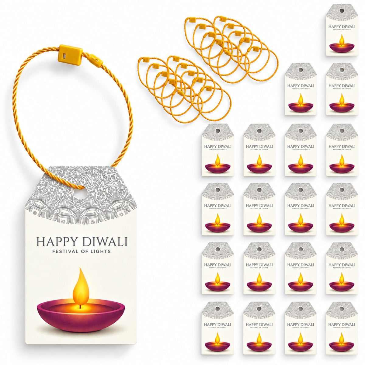 Happy Diwali gift tags with silver patterned top cream body printed with happy Diwali and purple glowing diya illustration